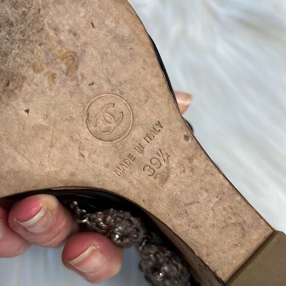 Chanel Black Camellia Charm Wedge Sandals - Picture 8 of 15